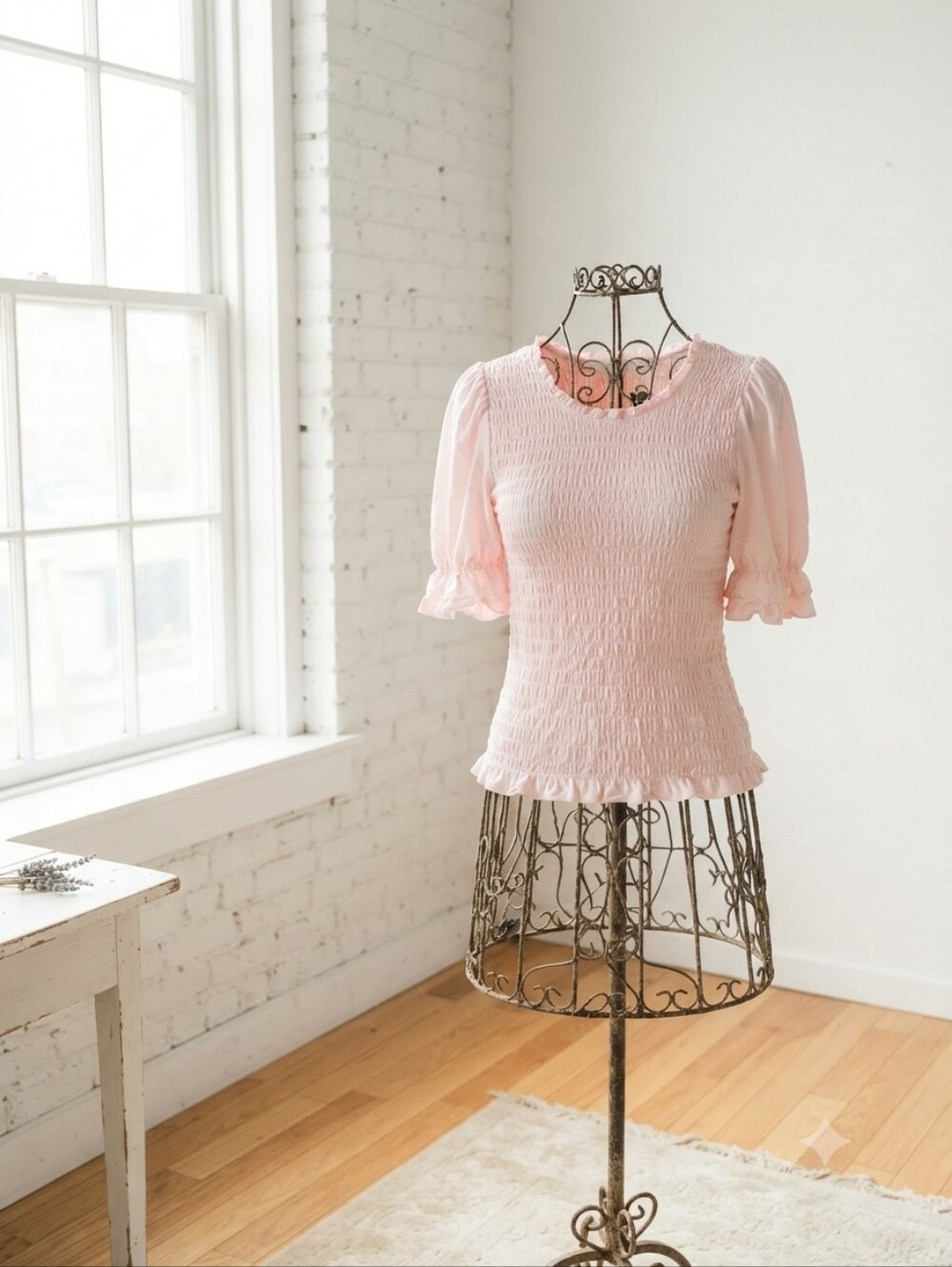 Smocked Puff-Sleeve Blouse in Light Pink - Women's